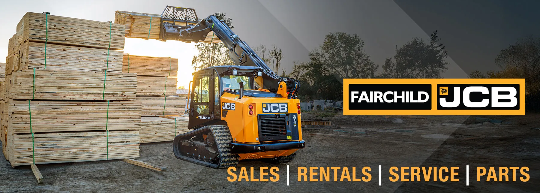 JCB Teleskid lifting wood. "Sales, Rentals, Service, Parts".