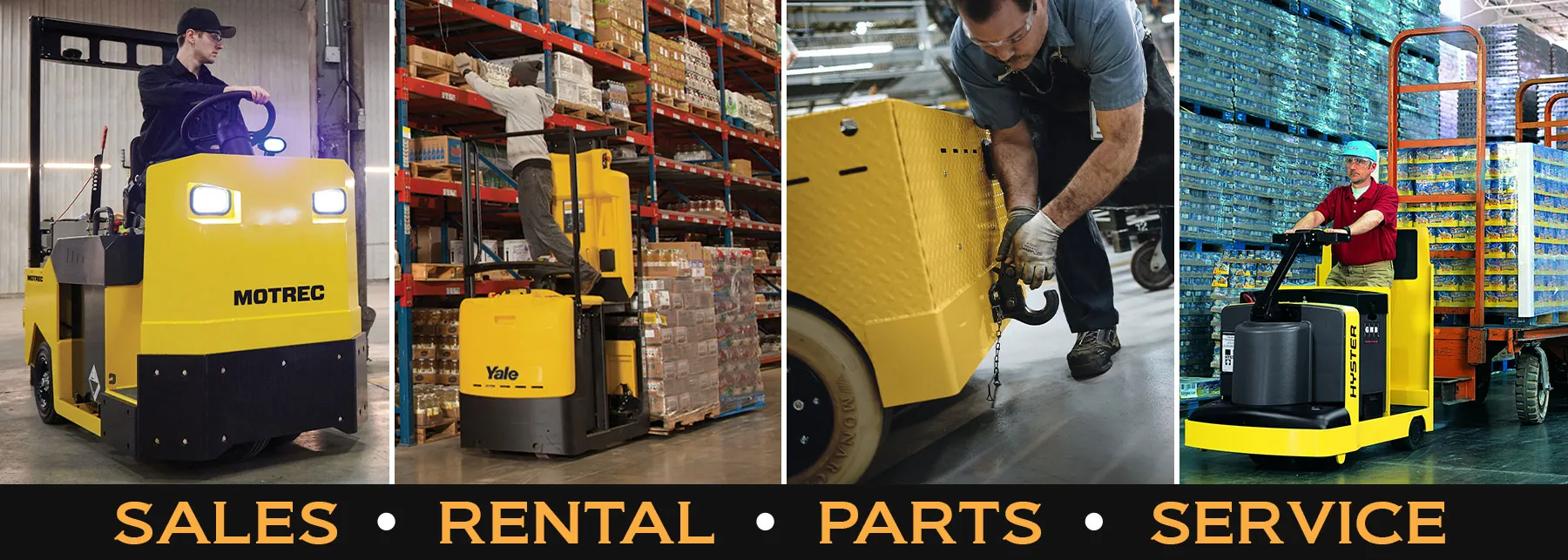 Motrec, Yale, Cushman and Hyster tow tractors and tuggers. "Sales / Rental / Parts / Service".