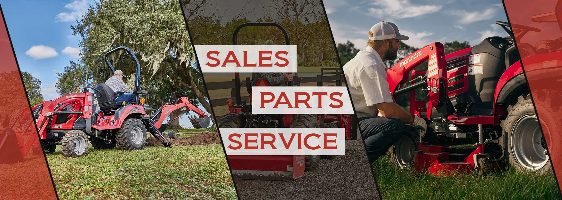 Workers operating Mahindra Tractors. Person inspecting Mahindra Tractor. "Sales / Parts / Service".
