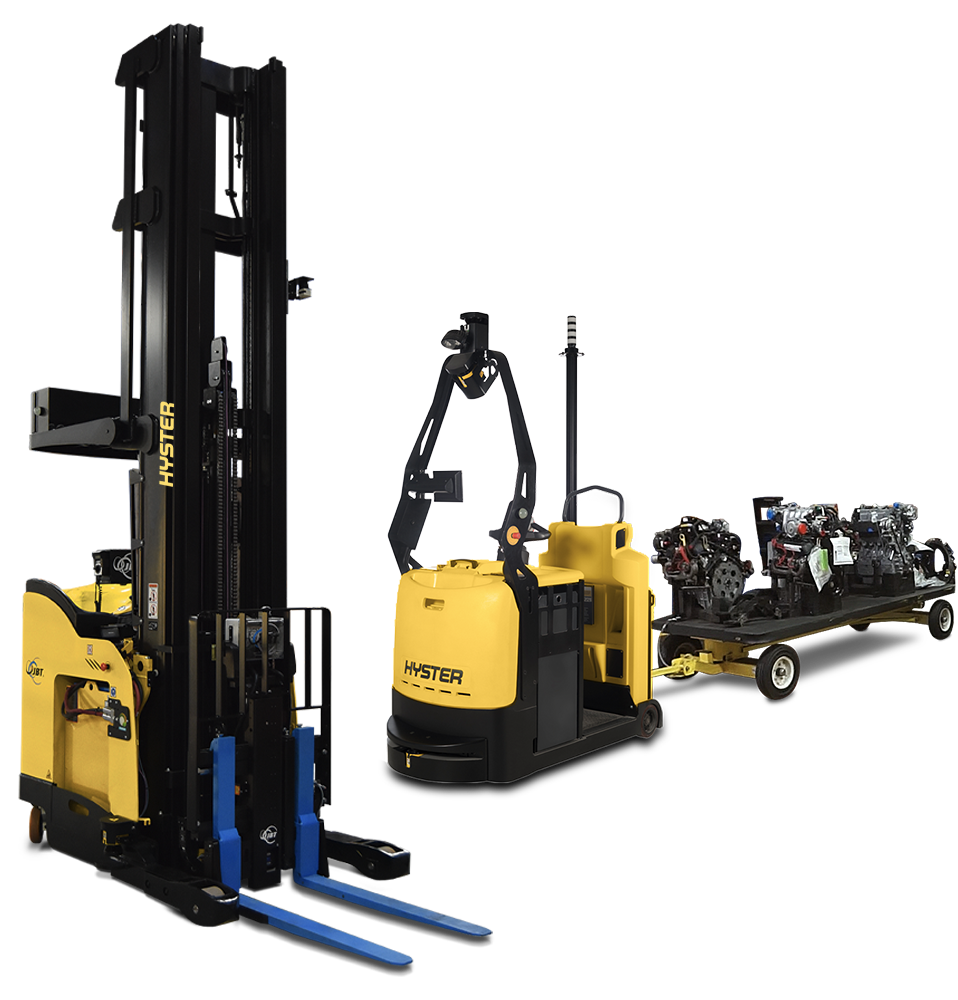 Hyster robotic reach truck and Hyster automated tow tractor. 