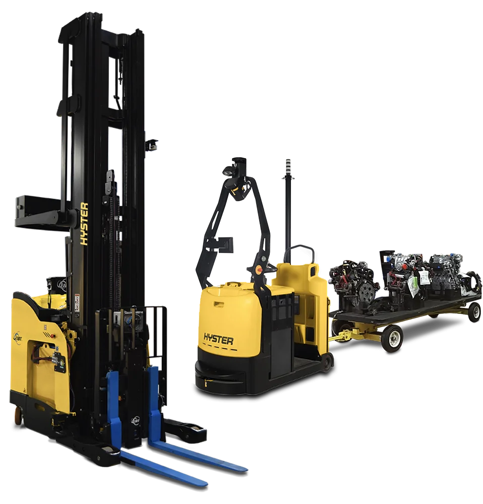 Hyster robotic reach truck and Hyster automated tow tractor.
