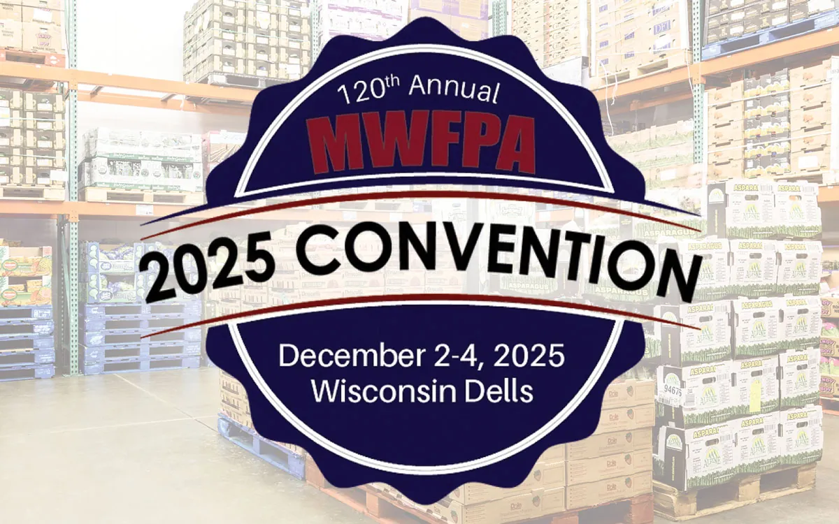 Food warehouse with 2025 MWFPA Convention logo.