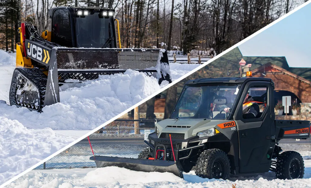 JCB Skid Steer and Pro XD Utility Vehicle plowing snow.