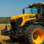 Operator entering JCB 8330 Fastrac agricultural tractor.