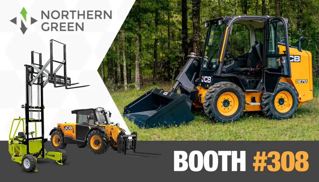 JCB 270 teleskid with side door entry. Donkey 5.5k and JCB 505-20TC trucks. "Booth #308".