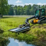 JCB 4TS-8T Teleskid with extended boom trimming grass.