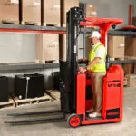 Mariotti MIP 10 electric narrow aisle forklift inside a warehouse.